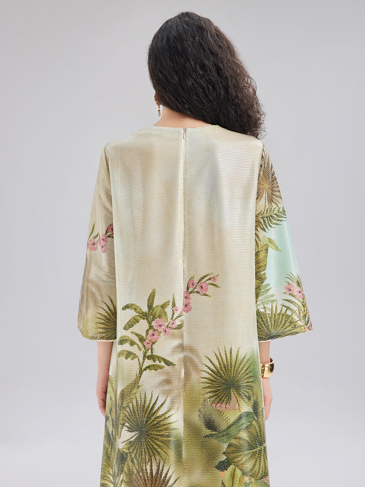 Tropical Plant Knit Long-Sleeve Dress