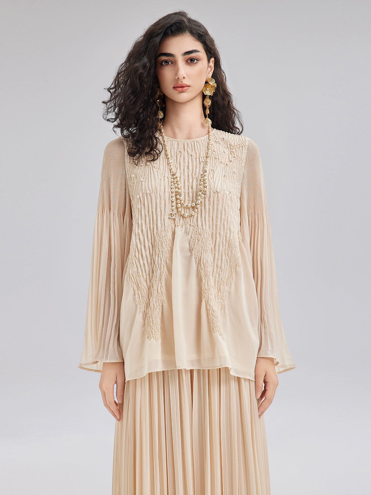 Final Sale | Luxe Embroidered Pleated Long-Sleeve Top