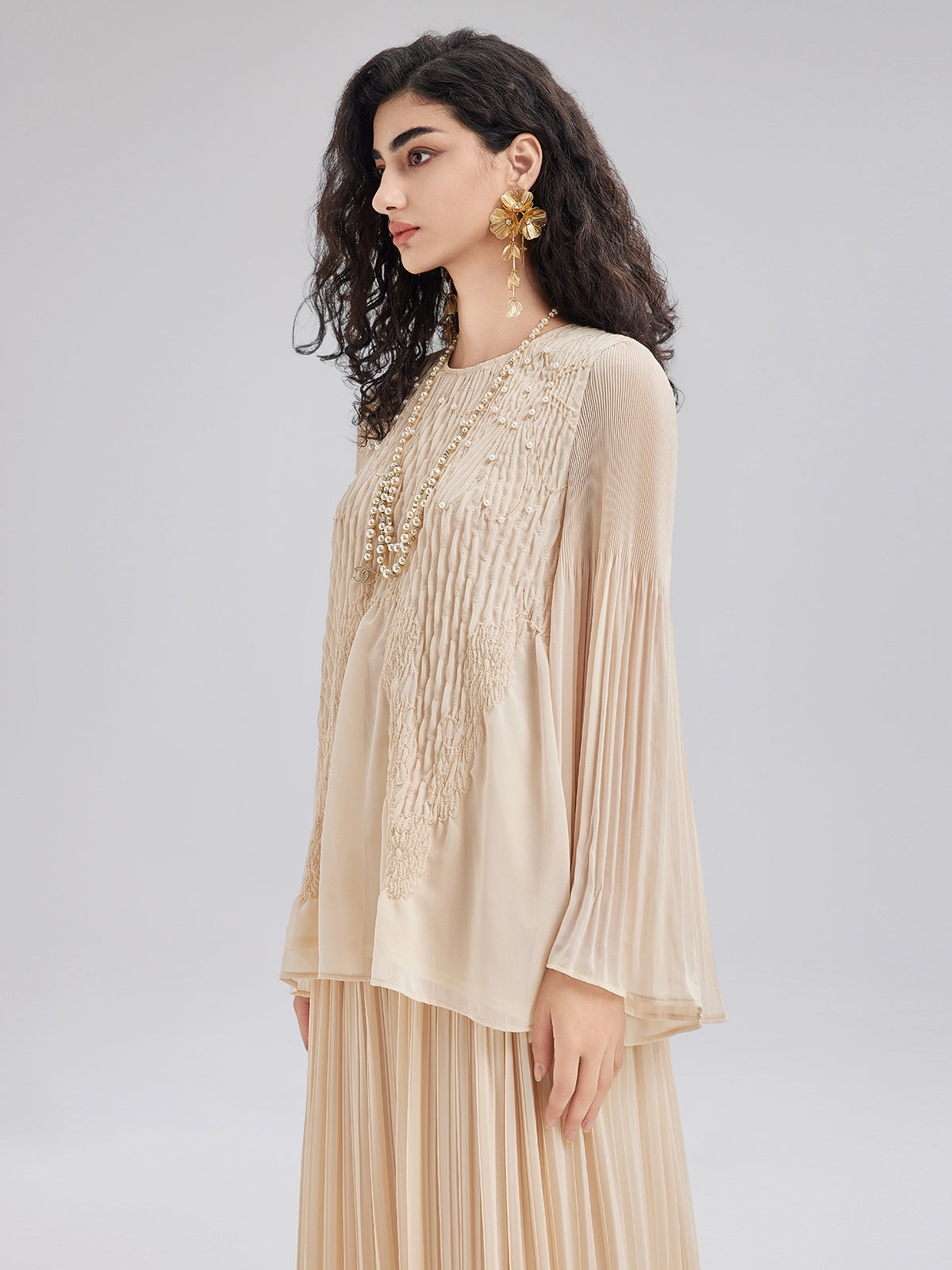 Final Sale | Luxe Embroidered Pleated Long-Sleeve Top