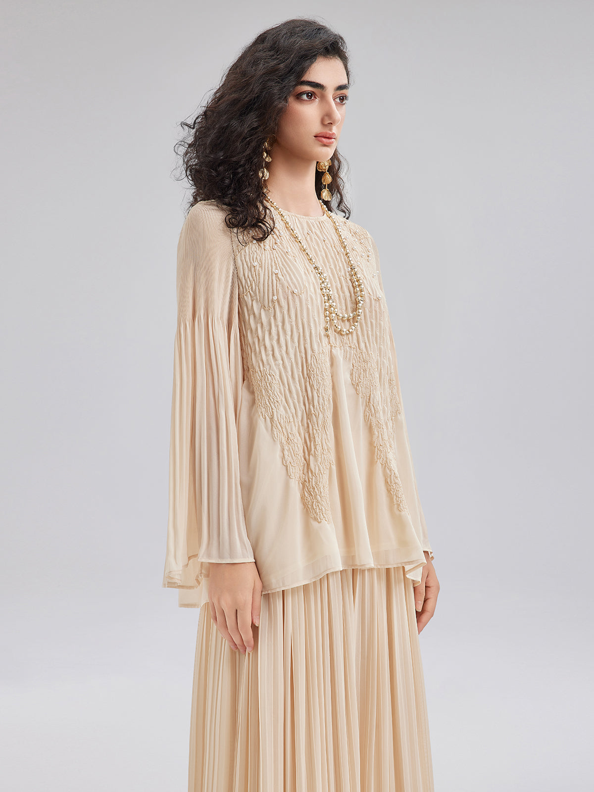 Final Sale | Luxe Embroidered Pleated Long-Sleeve Top