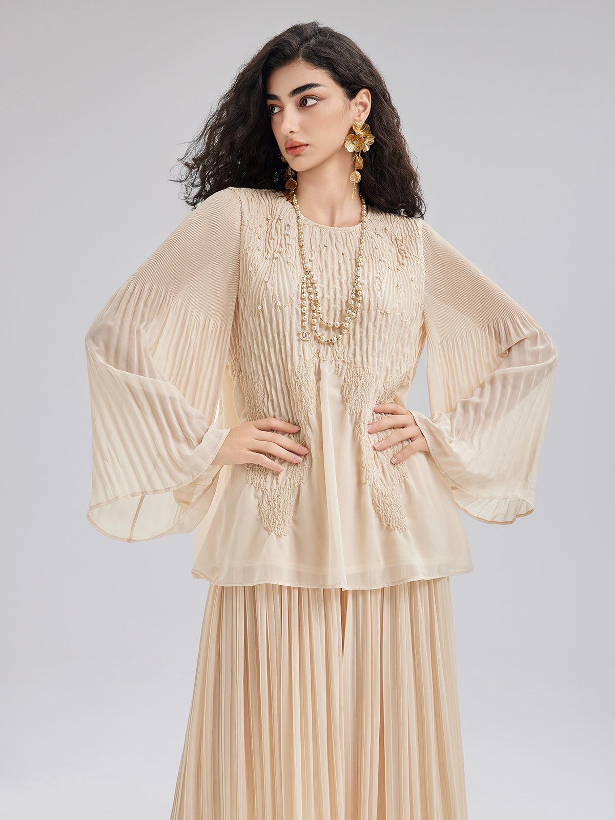 Final Sale | Luxe Embroidered Pleated Long-Sleeve Top