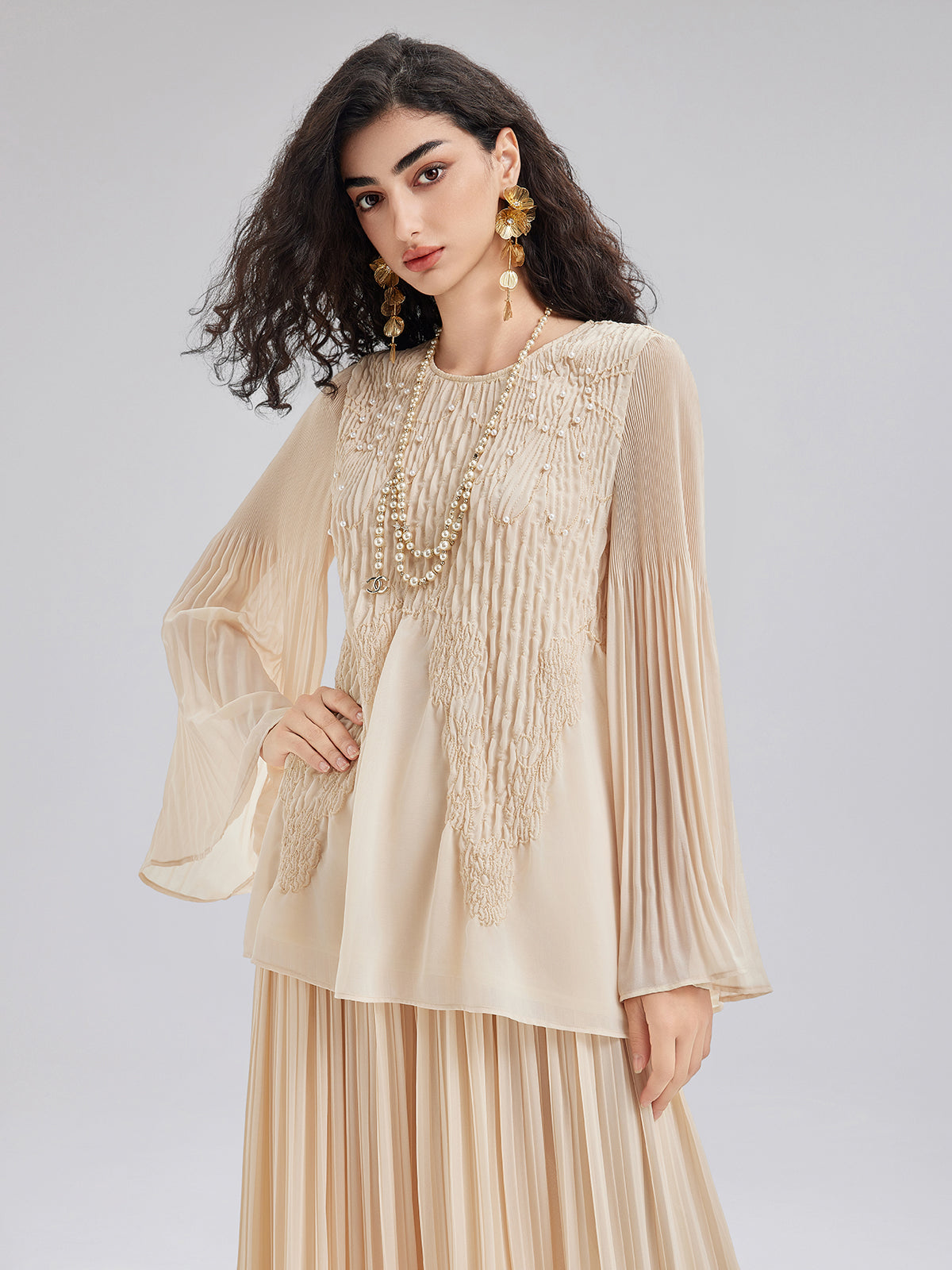 Final Sale | Luxe Embroidered Pleated Long-Sleeve Top