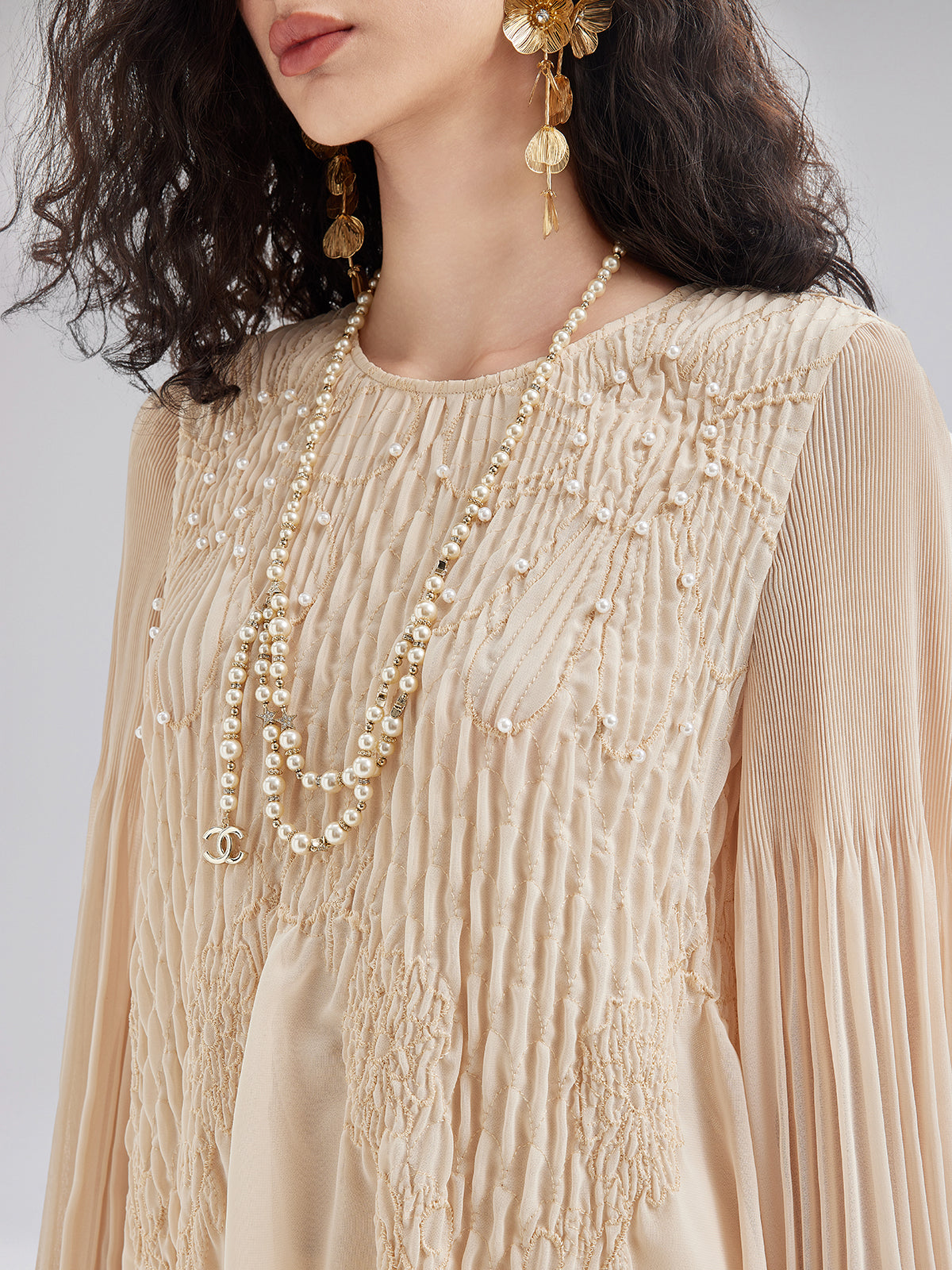Final Sale | Luxe Embroidered Pleated Long-Sleeve Top