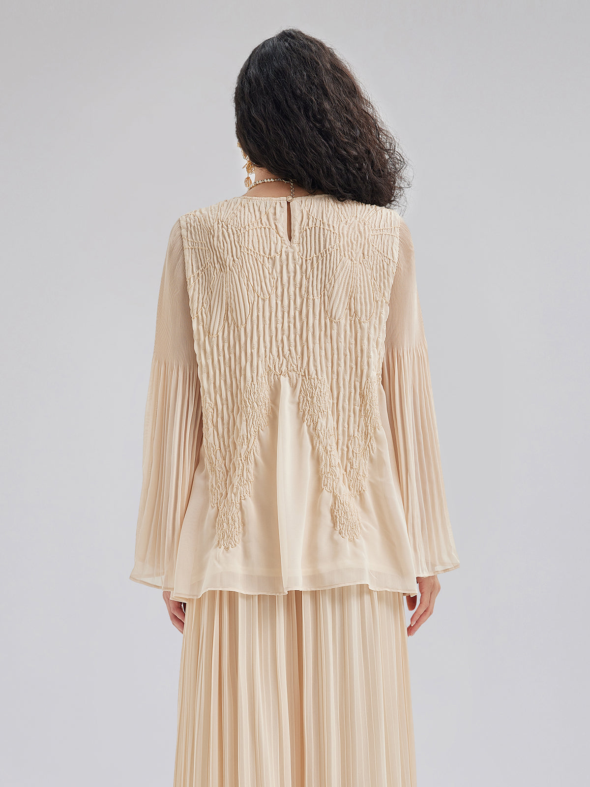 Luxe Embroidered Pleated Long-Sleeve Top
