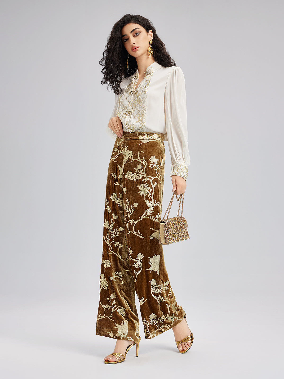 Final Sale | Gold Silk Foil Velvet Trousers (No Belt)