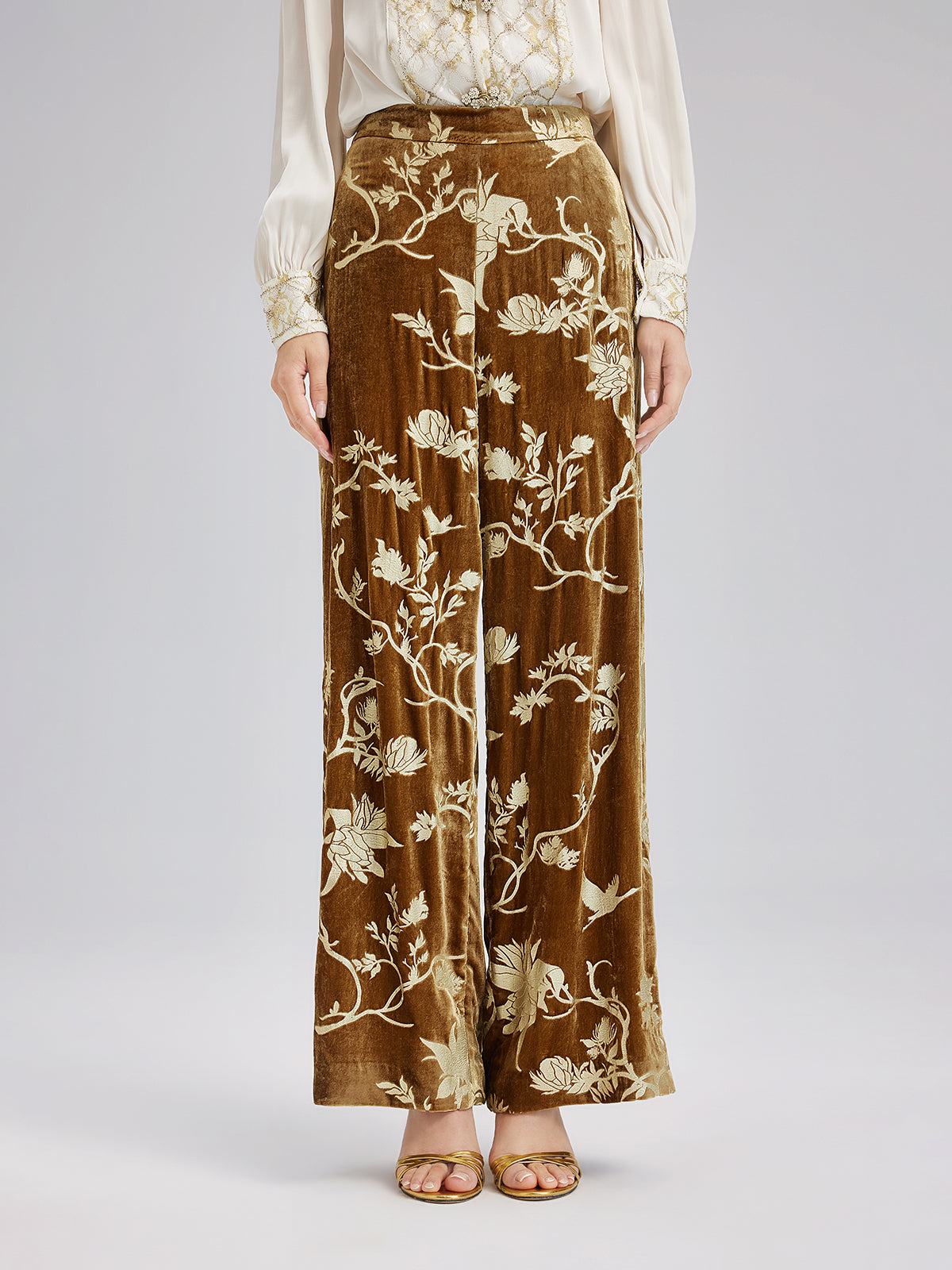 Final Sale | Gold Silk Foil Velvet Trousers (No Belt)