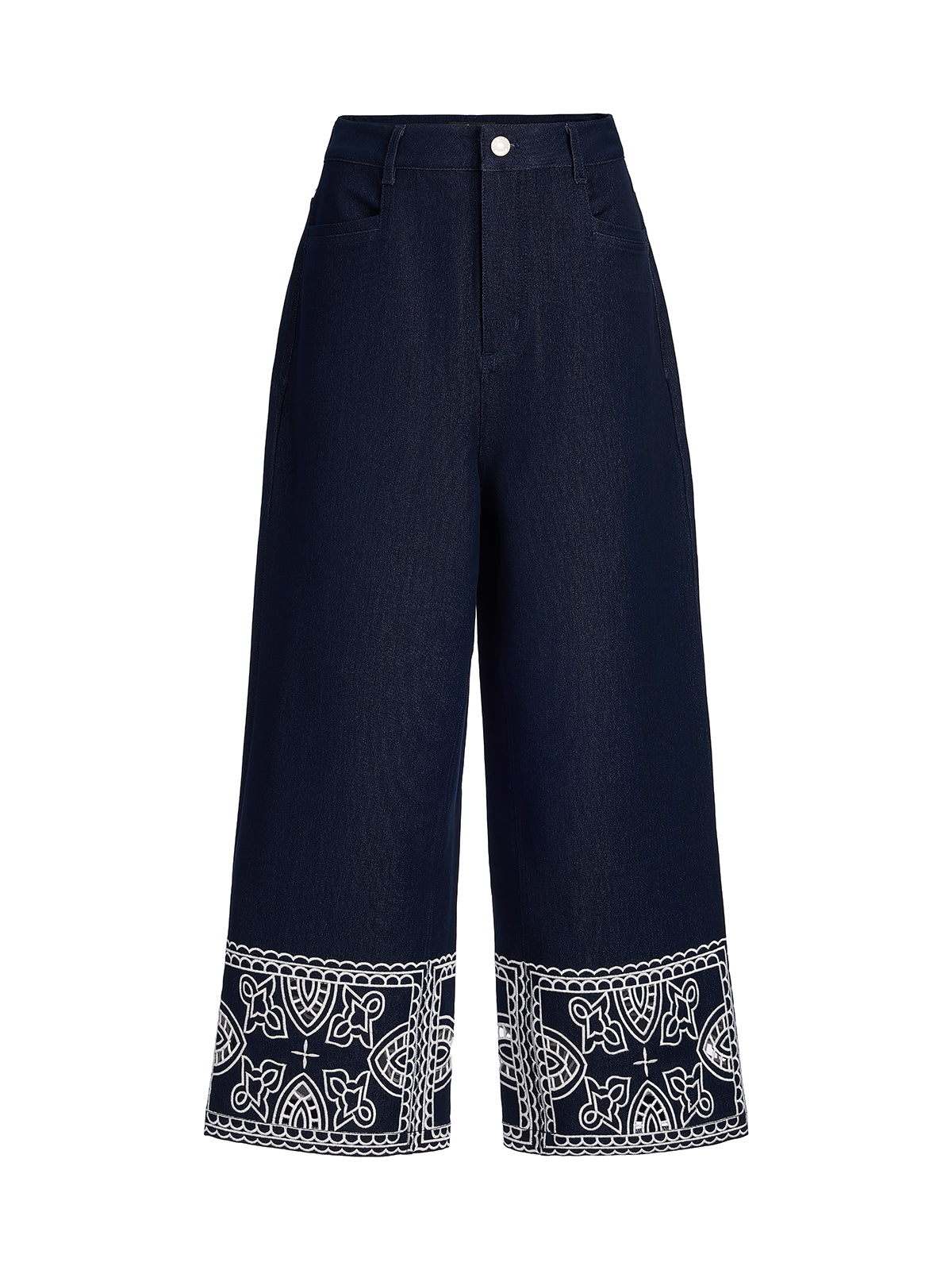 Cutout Embroidered Cotton Straight-Leg Pants