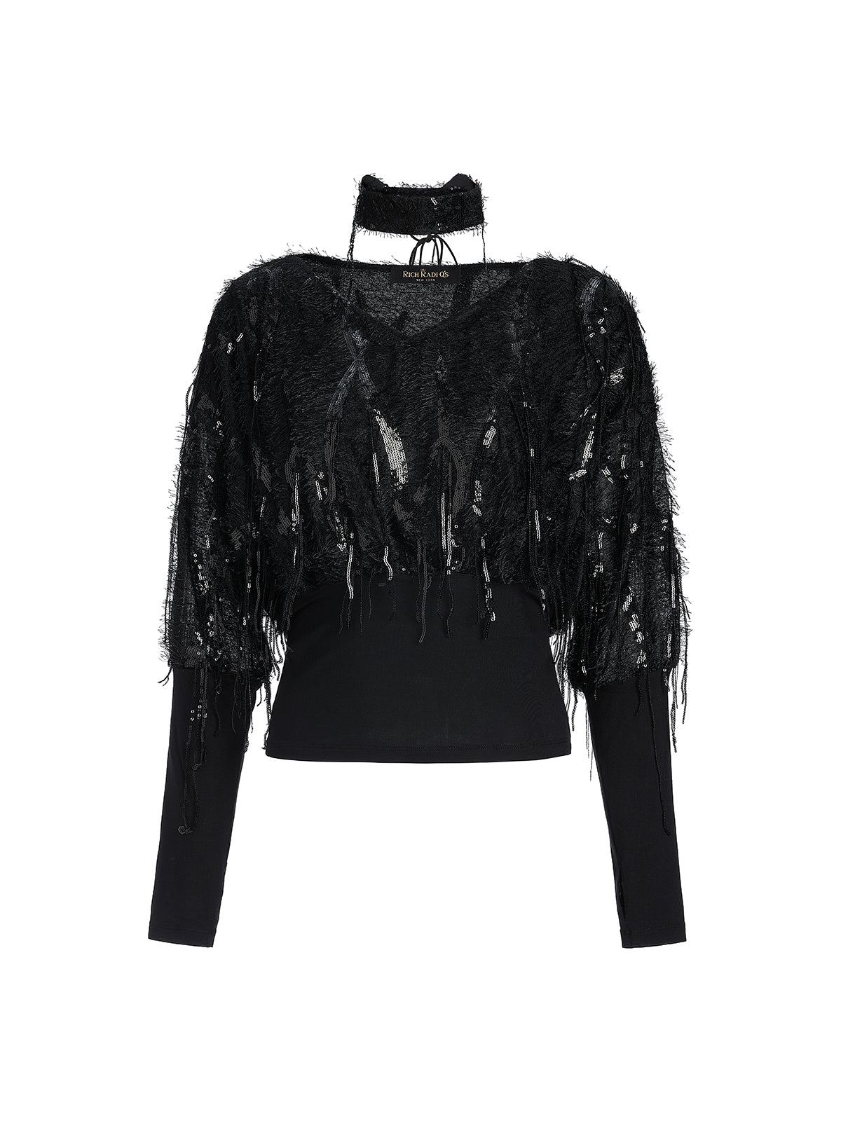 Batwing Stretch Sequin Fringe Top