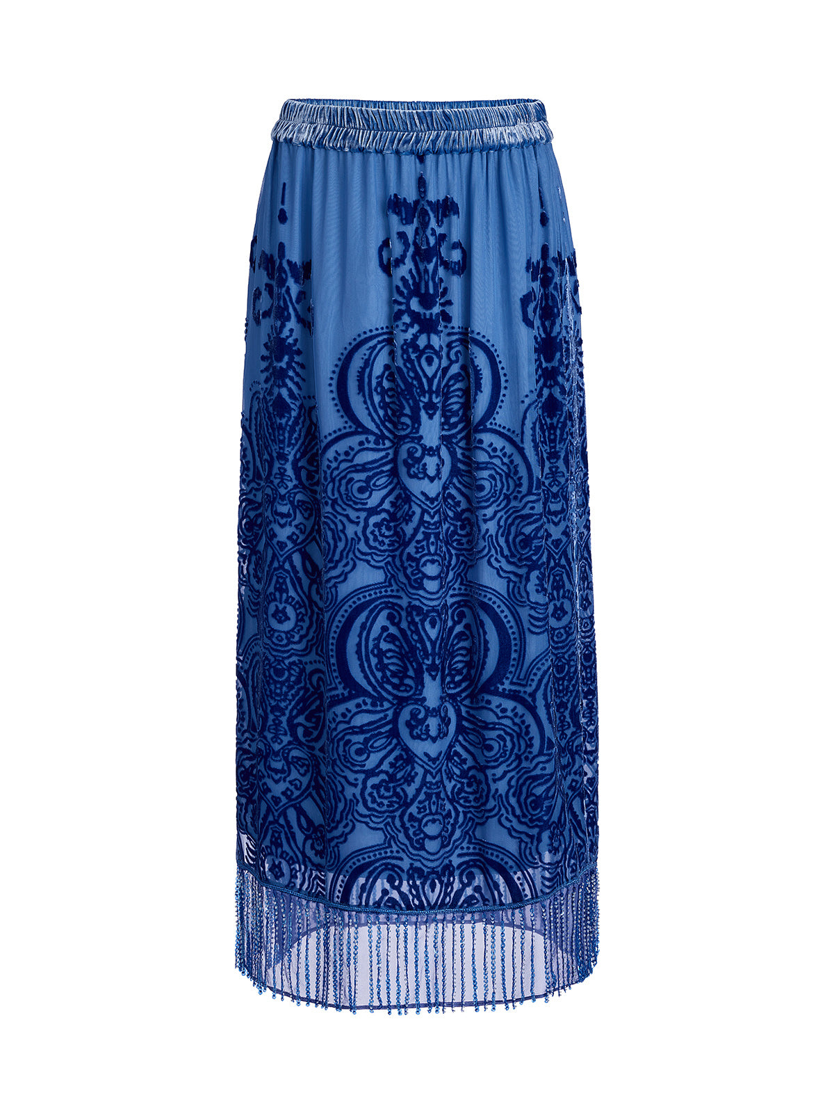 Silk Velvet Burnout Fringe Elasticated Waist Skirt
