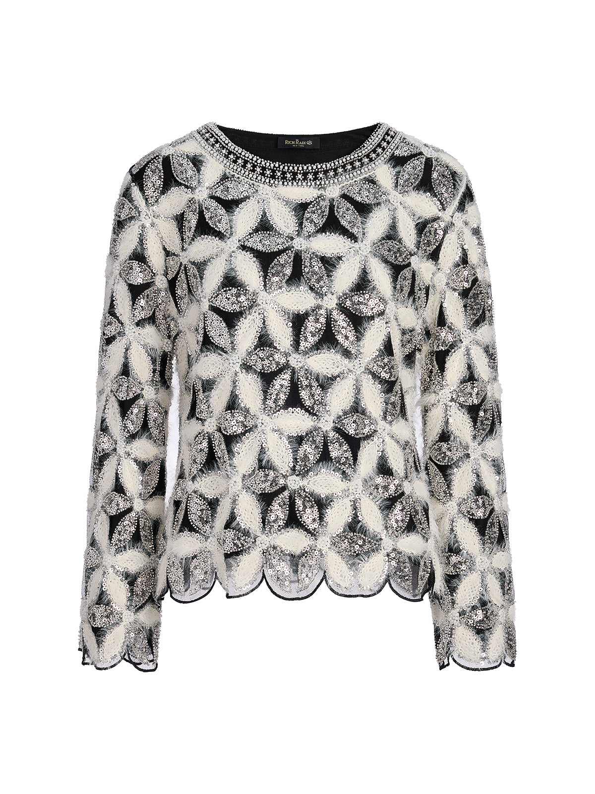 Beaded Floral Long-Sleeve Knit Sweater
