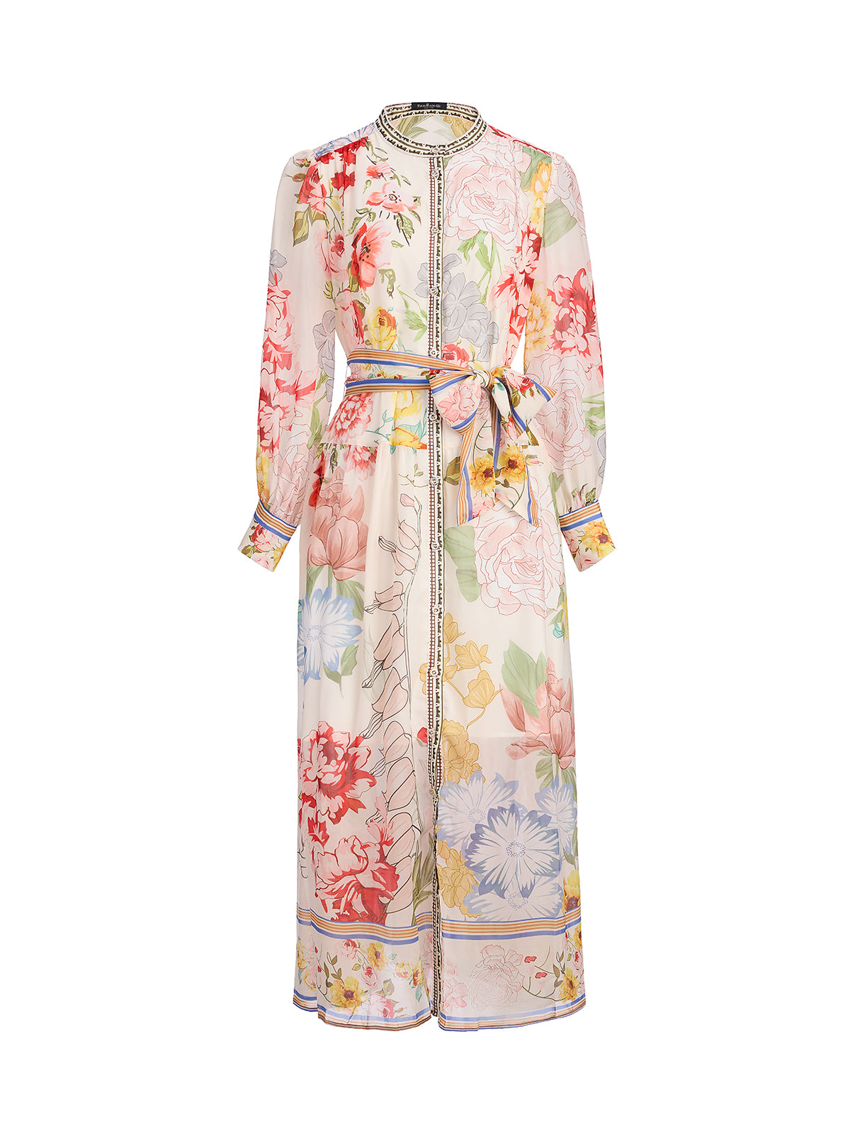 Floral Printed Adjustable-Cuffs Shirt Dress (Waist Tie Included)