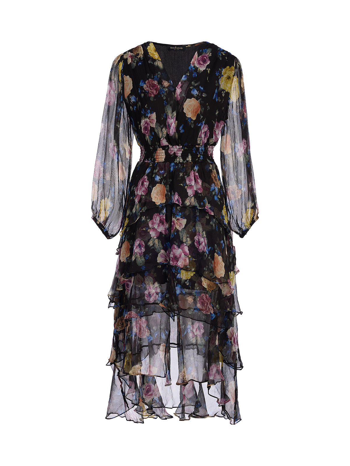 Printed Silk Elastic-Waist Tiered Dress