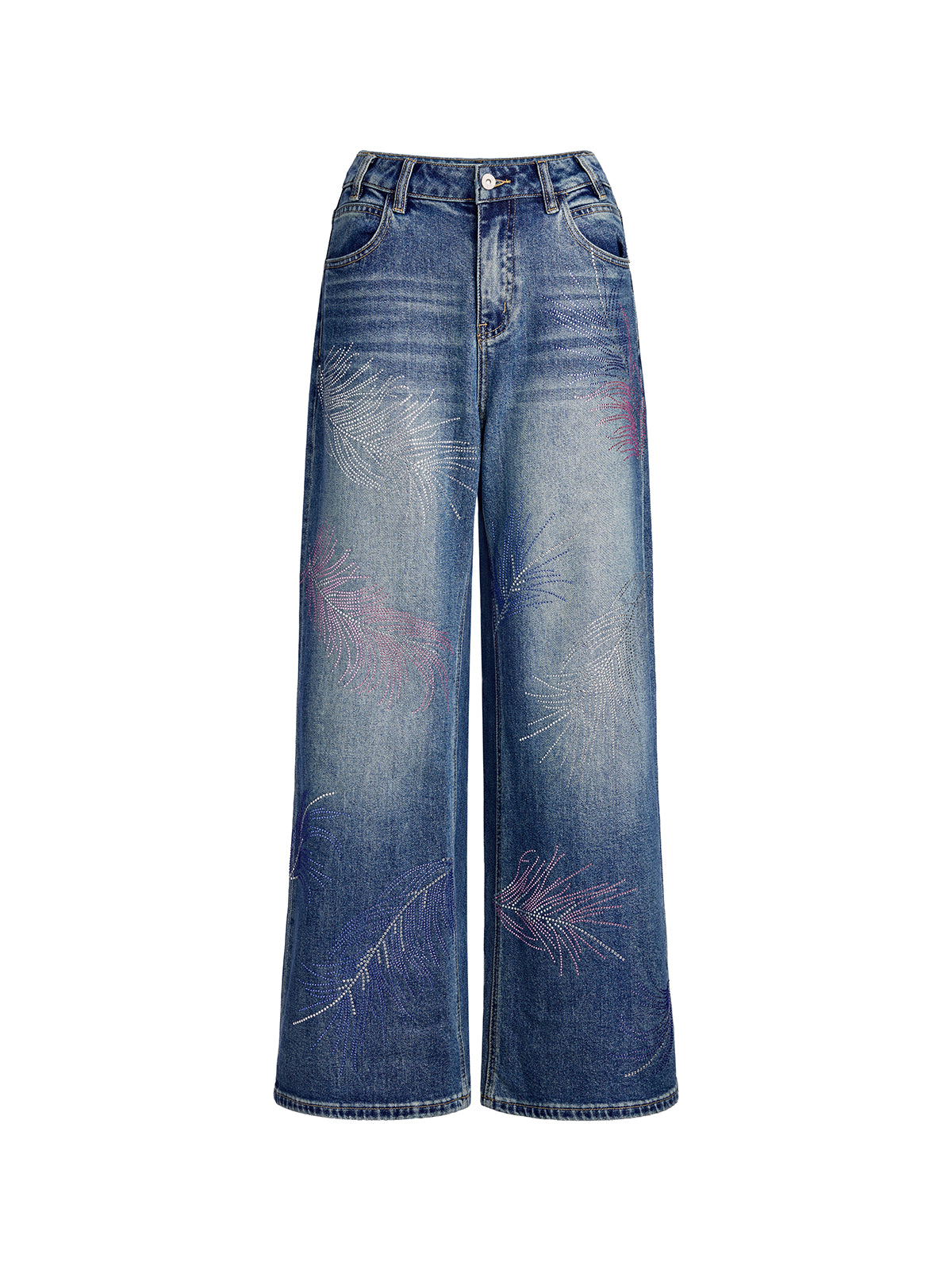 Rhinestone-Embellished Feather Denim Jeans