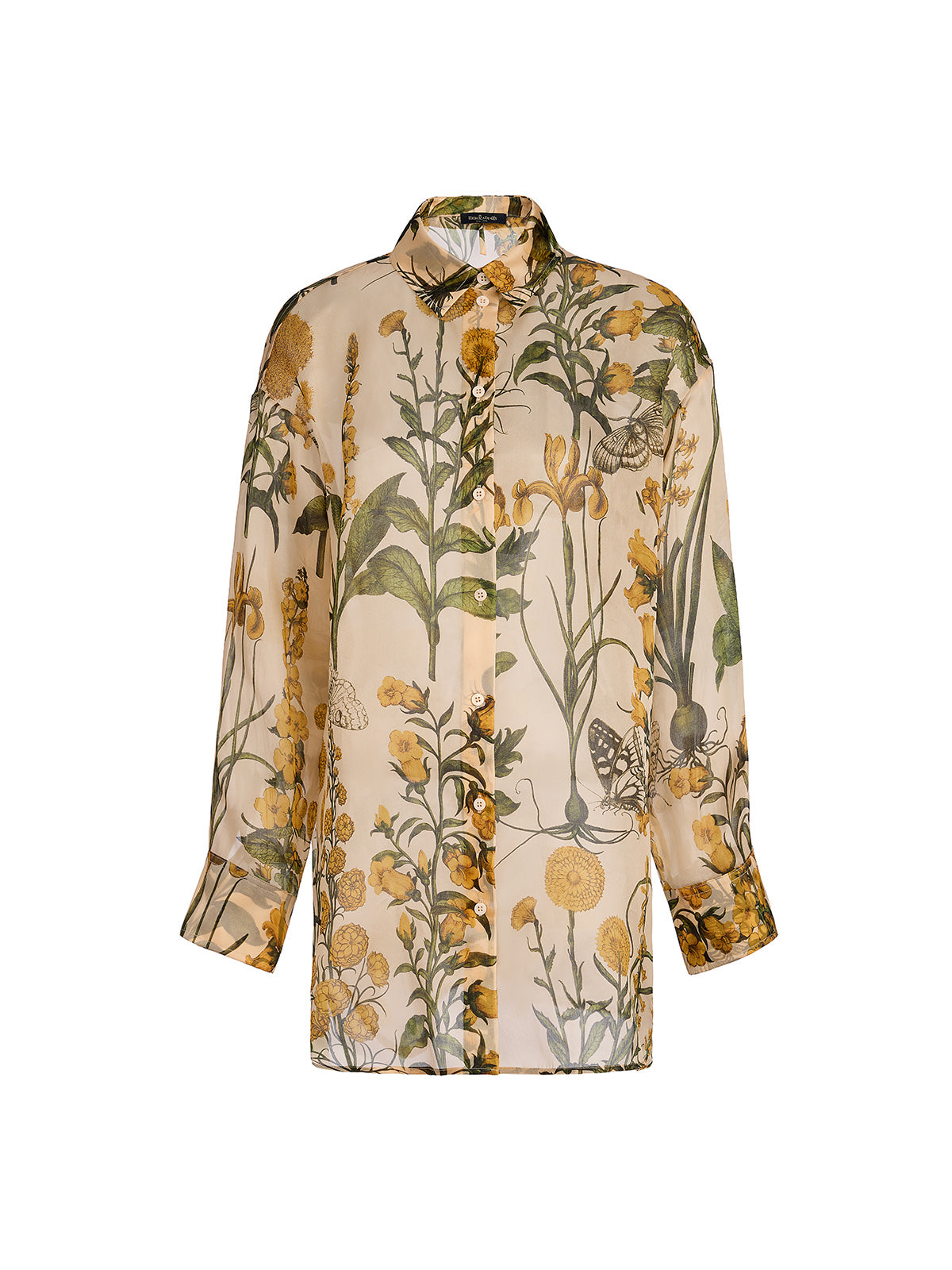 100% Silk Botanical Print Lantern Sleeve Slit Blouse