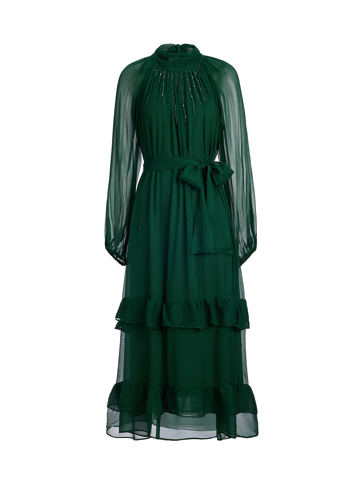 Silk Beaded Tie-Neck Dress(Waist Tie Included)