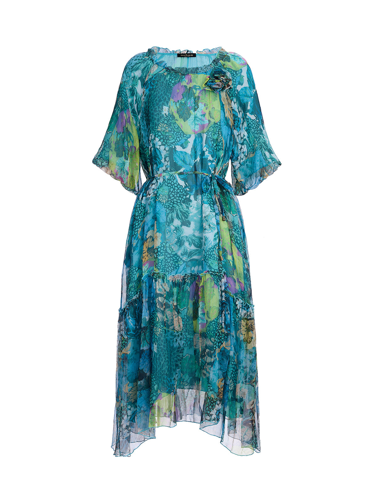 Silk Printed Puff-Sleeve Dress(Waist Tie Included)