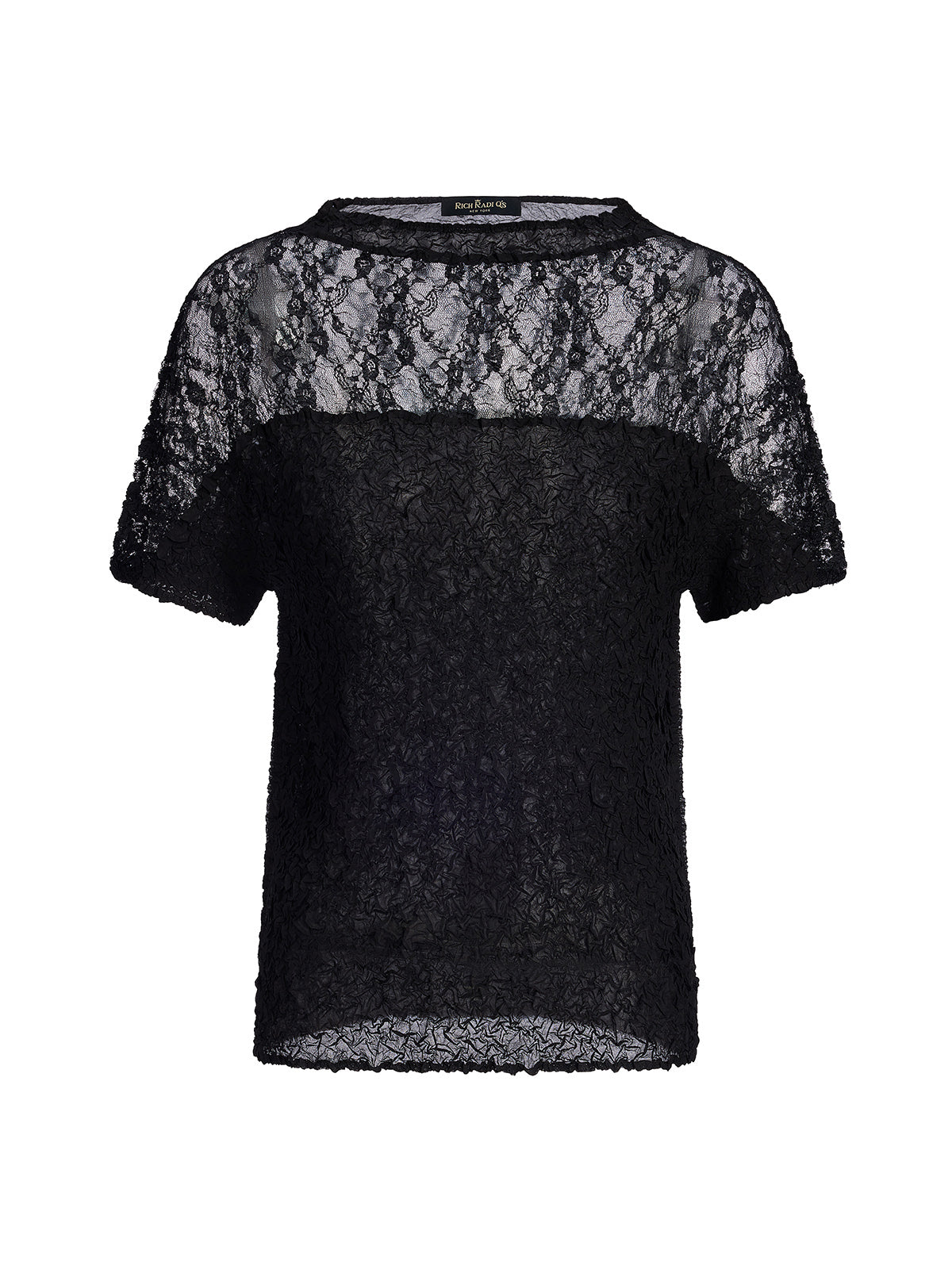Cutout Lace Mesh Pleated Fitted Top
