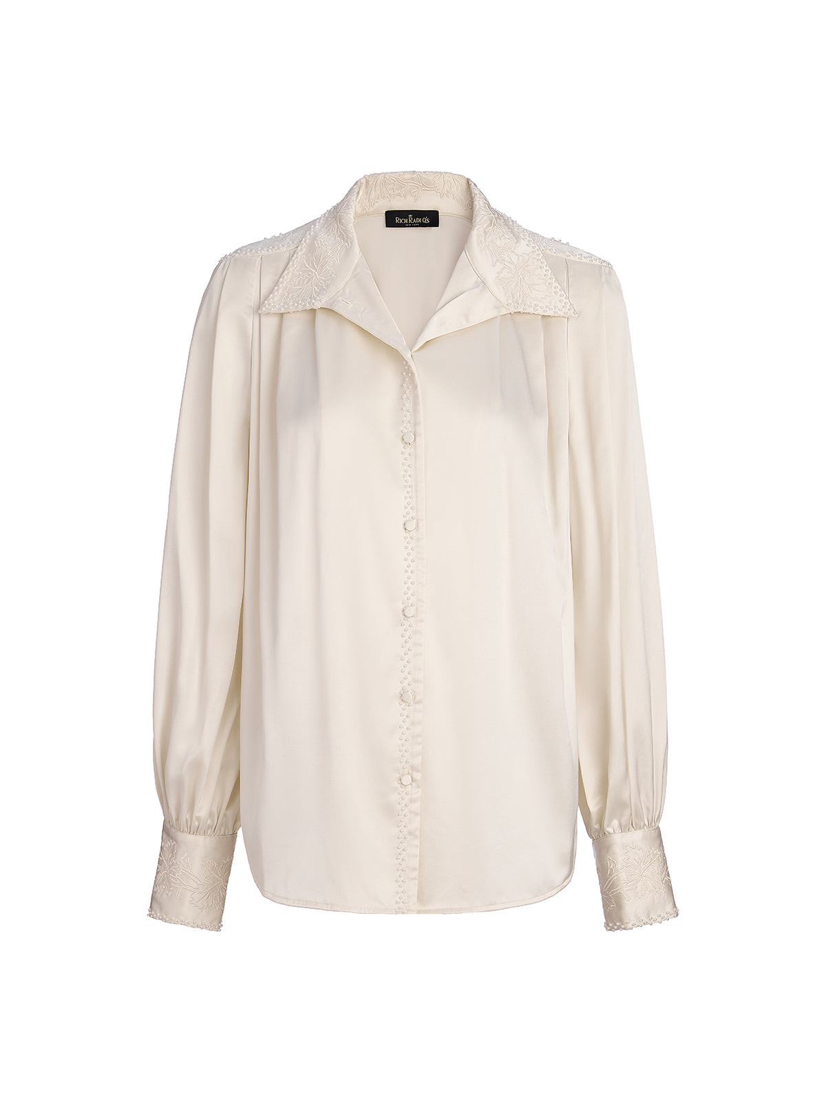 Beaded Embroidered Satin Stand-Collar Blouse