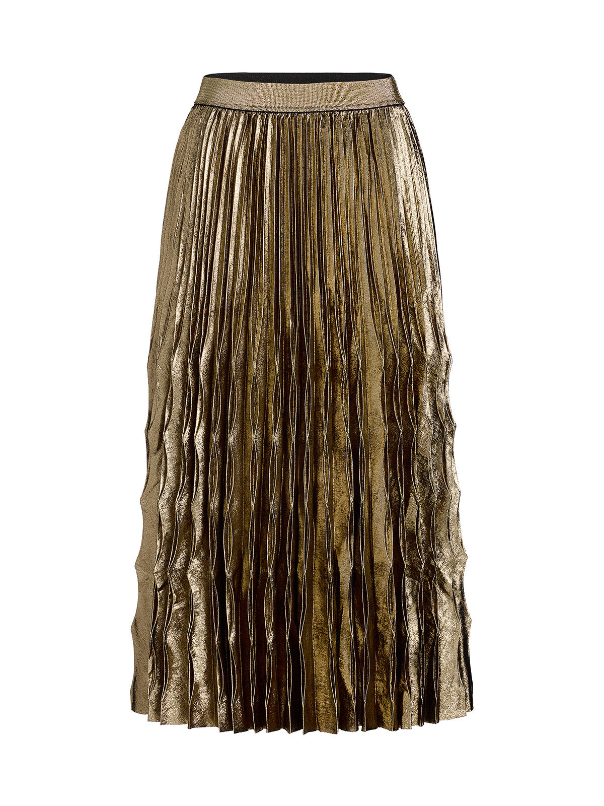 Metallic Pleated Elastic-Waist A-Line Skirt