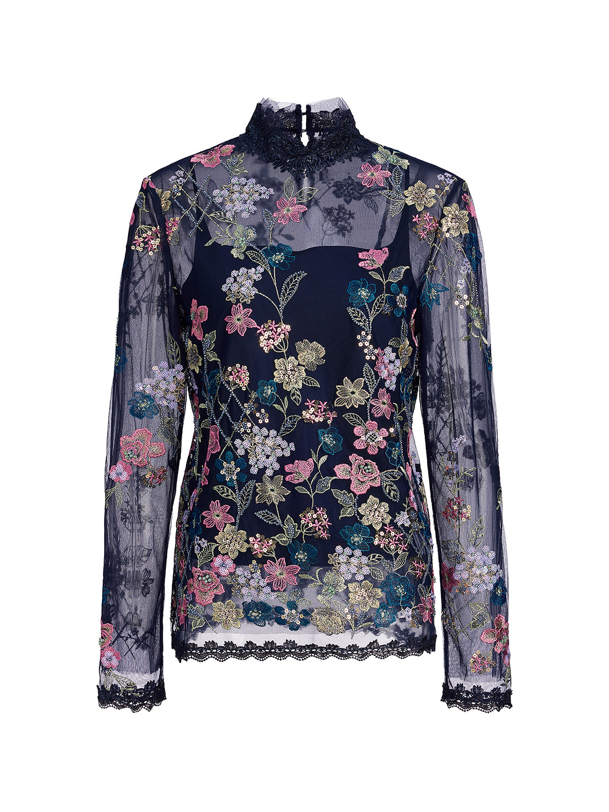 Beaded Floral Embroidery Lace-Panel Blouse (Camisole Included)