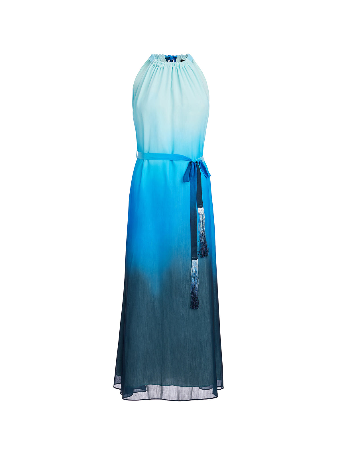Pleated-Neck Tie-Detail Gradient Maxi Dress (Waist Tie Included)