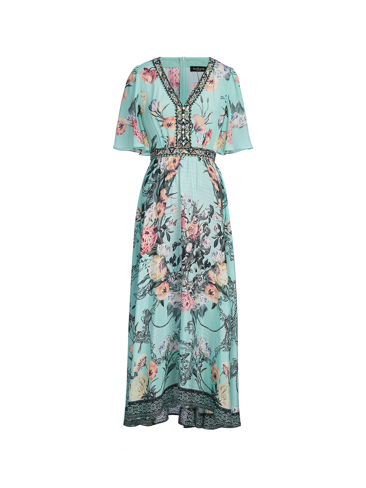 100% Silk Printed Flared-Sleeve Resort Maxi Dress