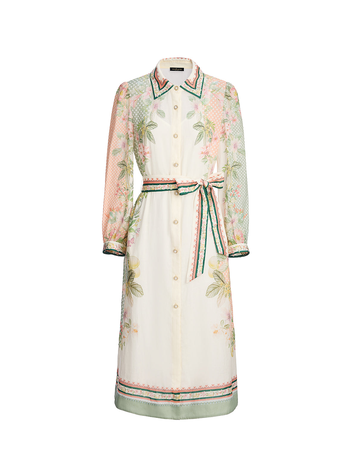 Ramie Floral Polka Dot Patchwork Lapel Button Shirt Dress