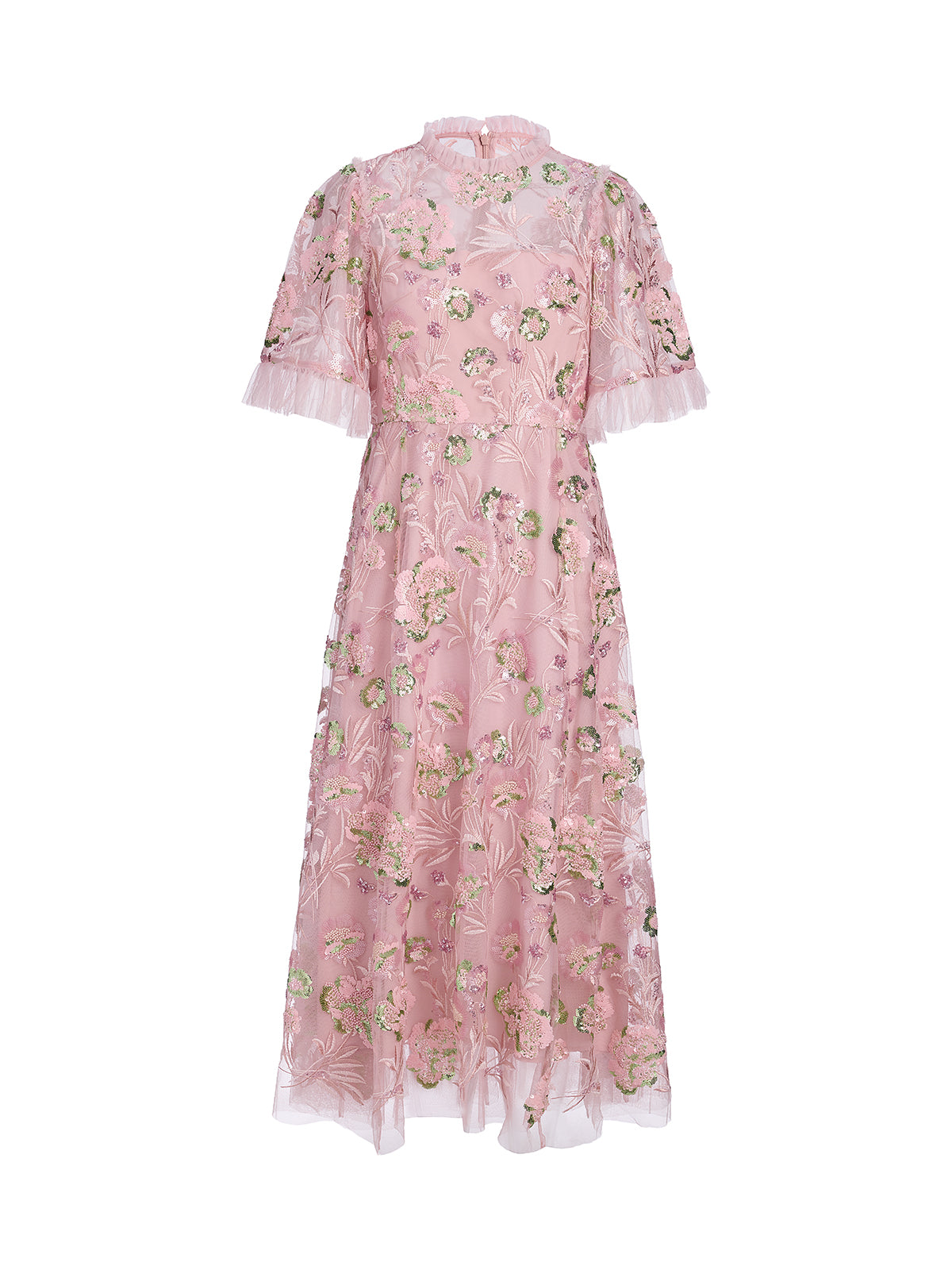 3D Floral Embroidered Sequin Mesh High-Waist Flare Dress
