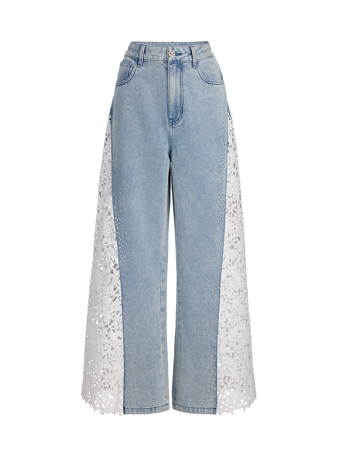 Washed Denim Lace Cutwork Rhinestone High-Waist Flared Pants