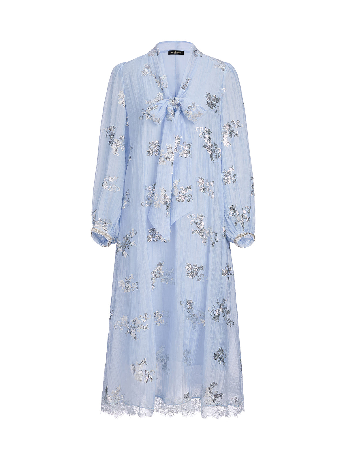 Sequin Embroidered Lace Panel Beaded Tie Dress