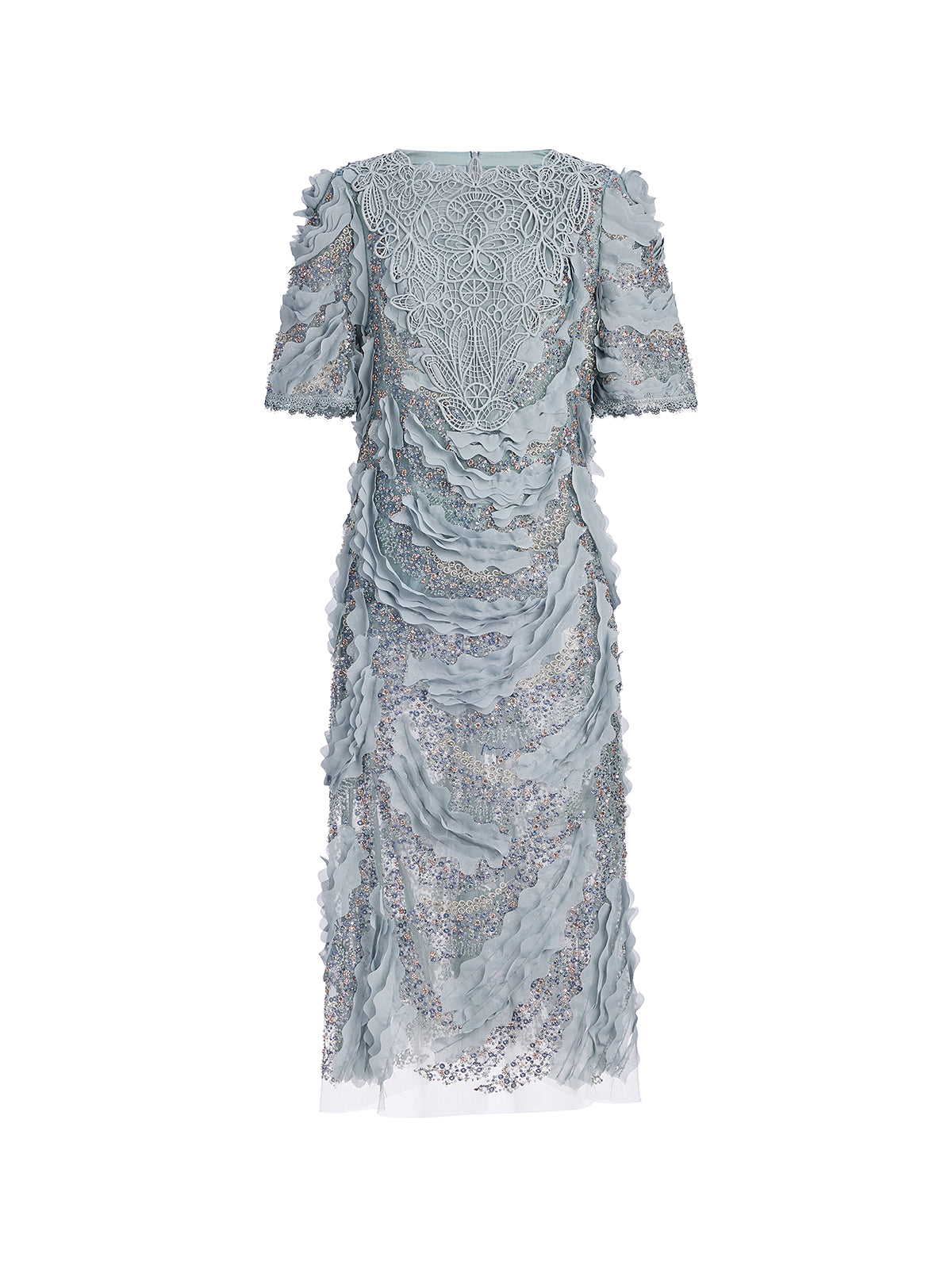 Lace Beaded Ruffle Straight Dress