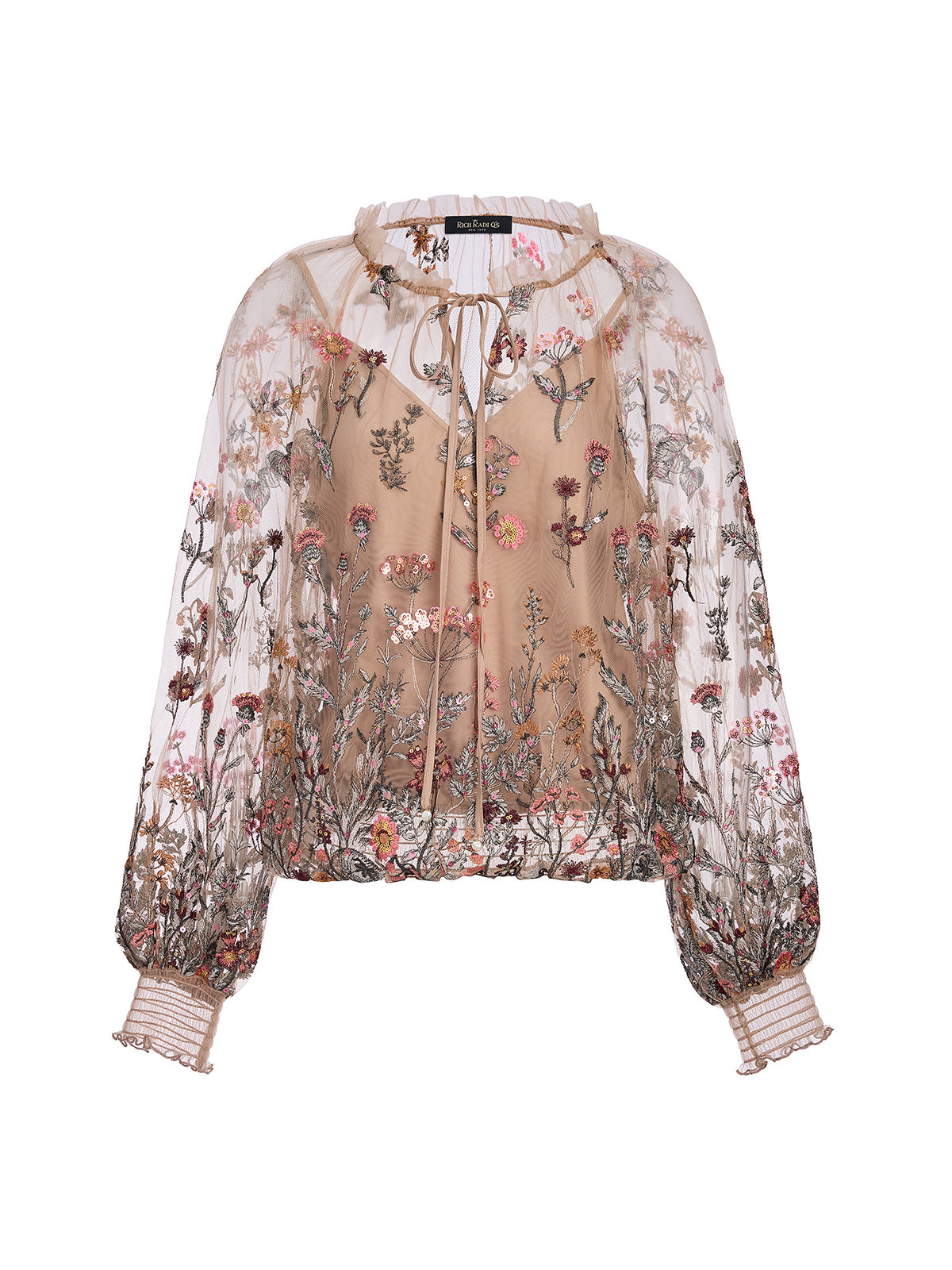 Mesh Embroidered Ruffle Tie-Neck Blouse