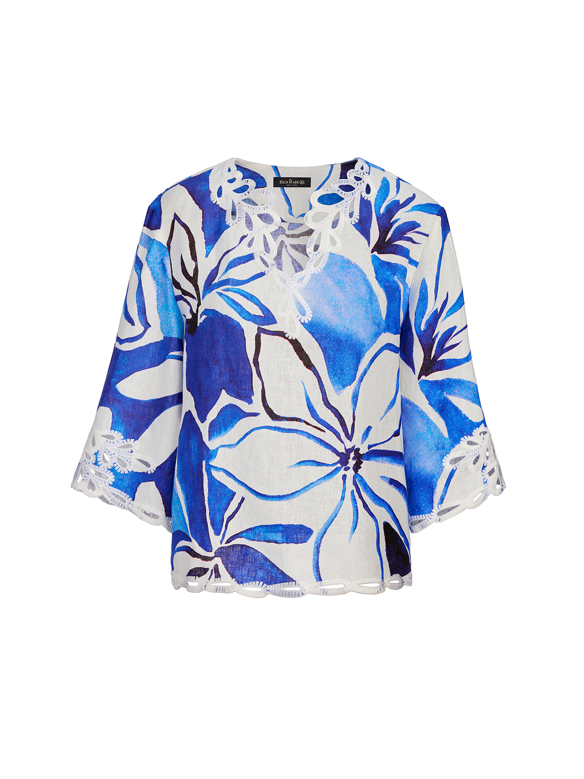 100% Linen Hand-Drawn Resort Print Embroidered Top