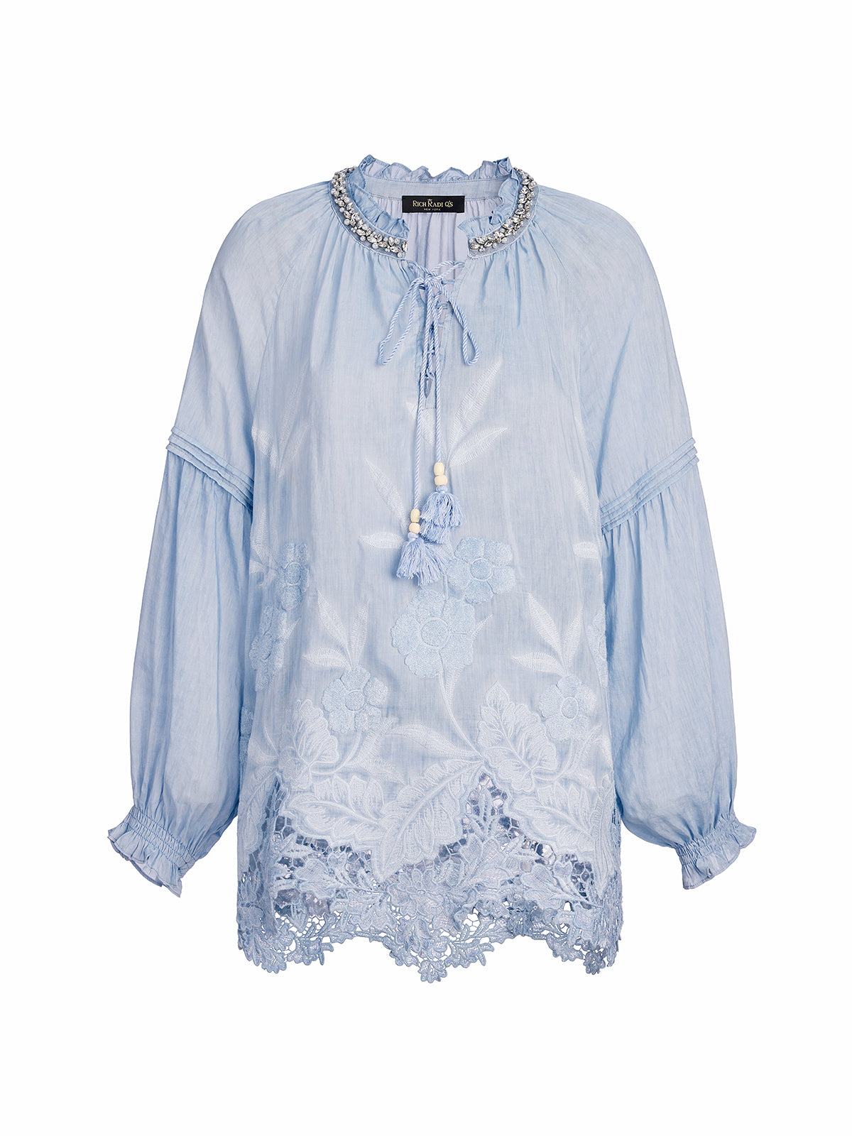 Silk Cotton Embroidered Lace Trim Beaded Blouse