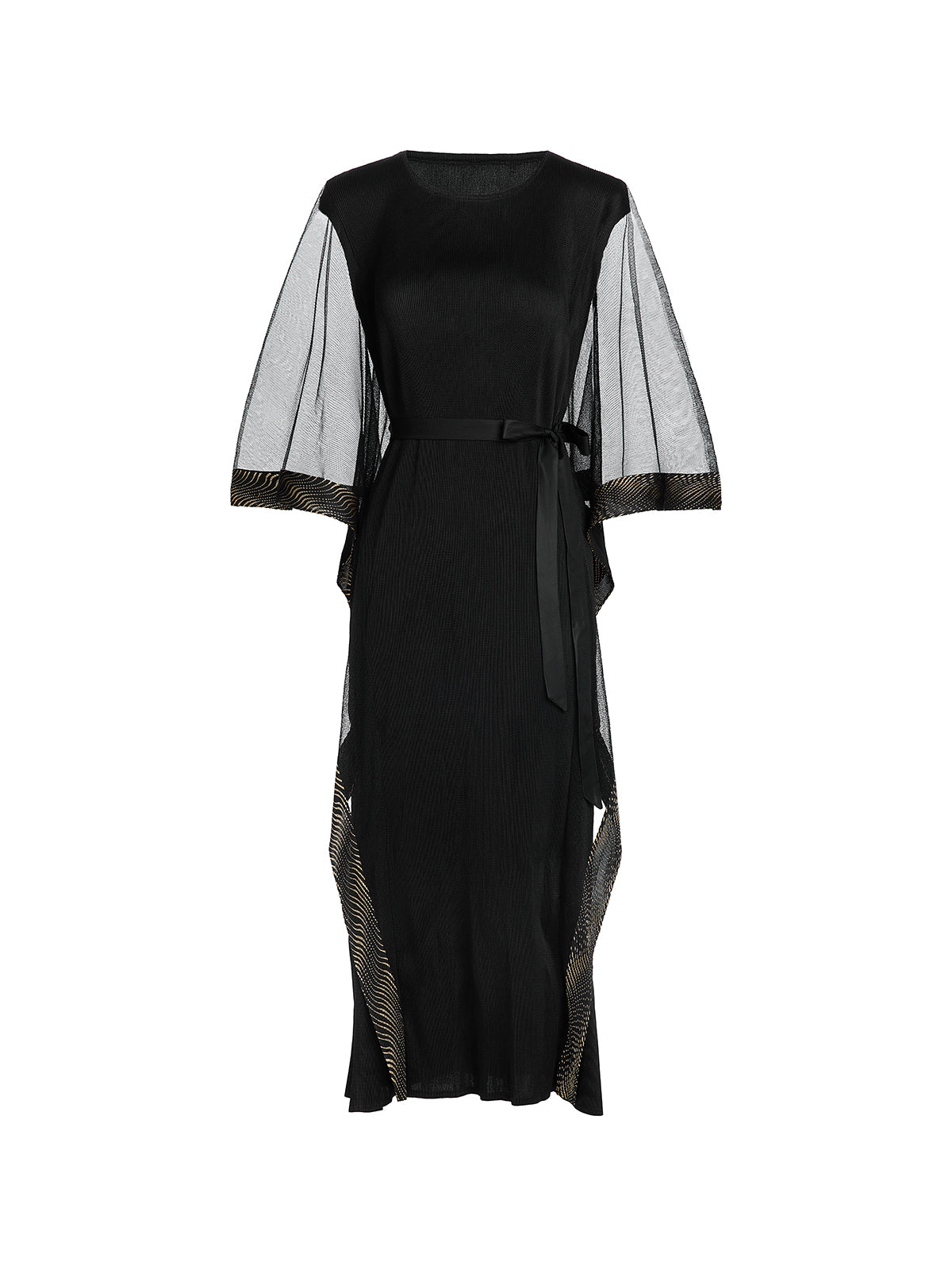 Pleated Mesh Gold Trim Dress