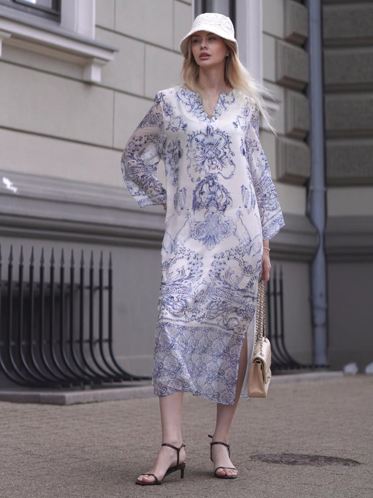 Silk Italian Floral Printed V-Neckline Dress