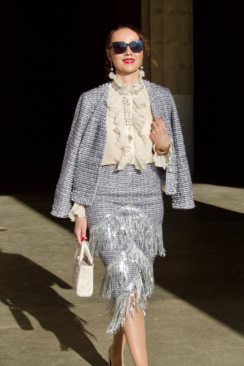 Ruffled Stand Collar Beaded Shirt