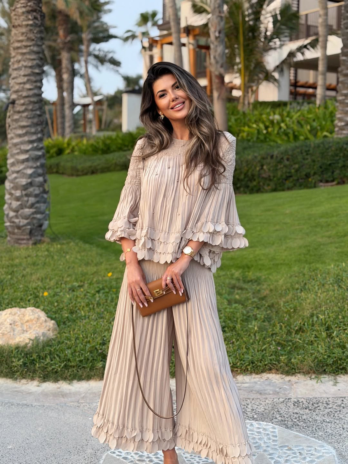Hand-Stitched Floral Beaded Pleated Set