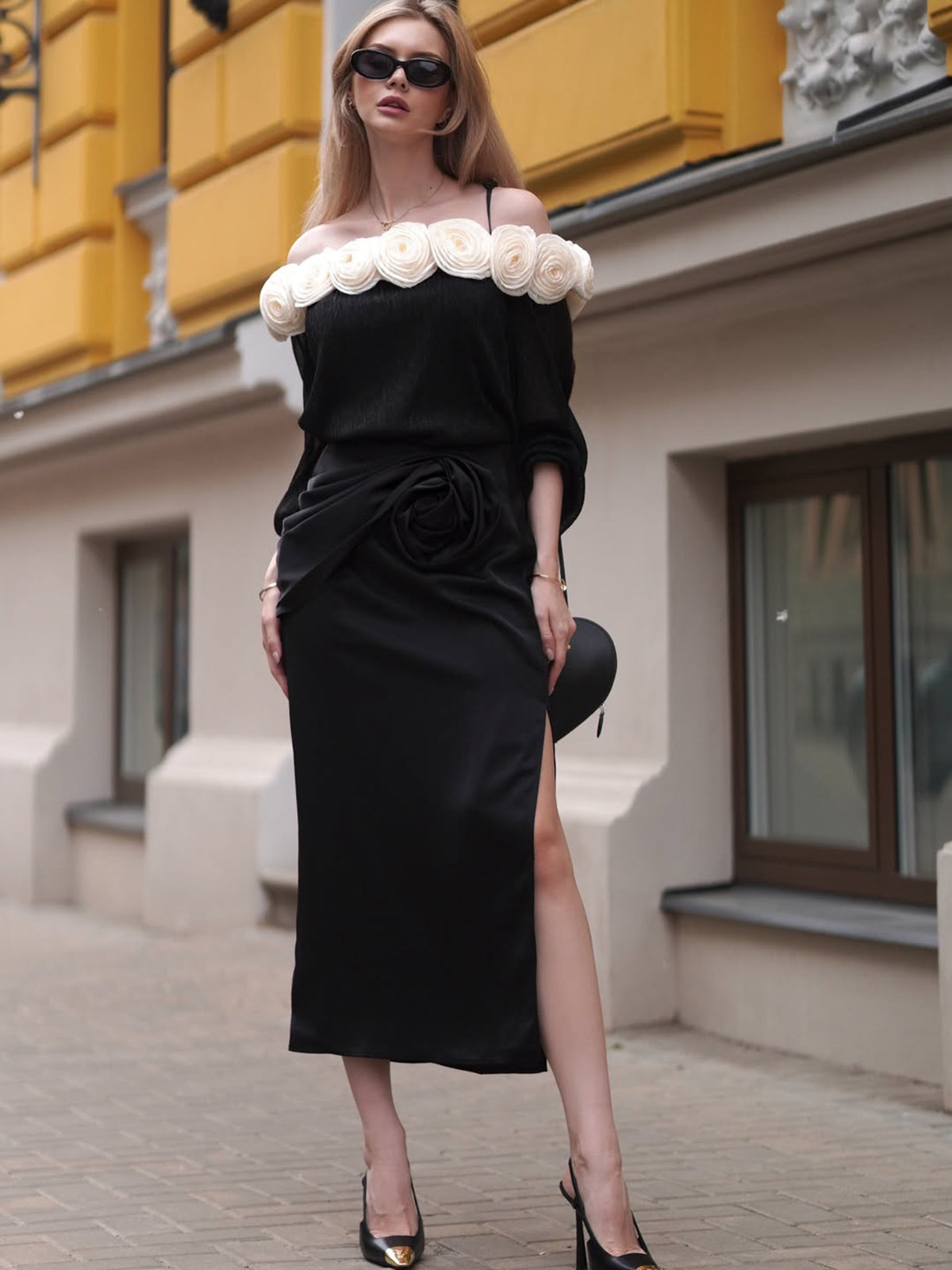 Black Satin 3D Floral Skirt