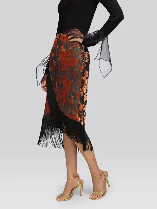 Burnout Velvet Floral Fringe Skirt
