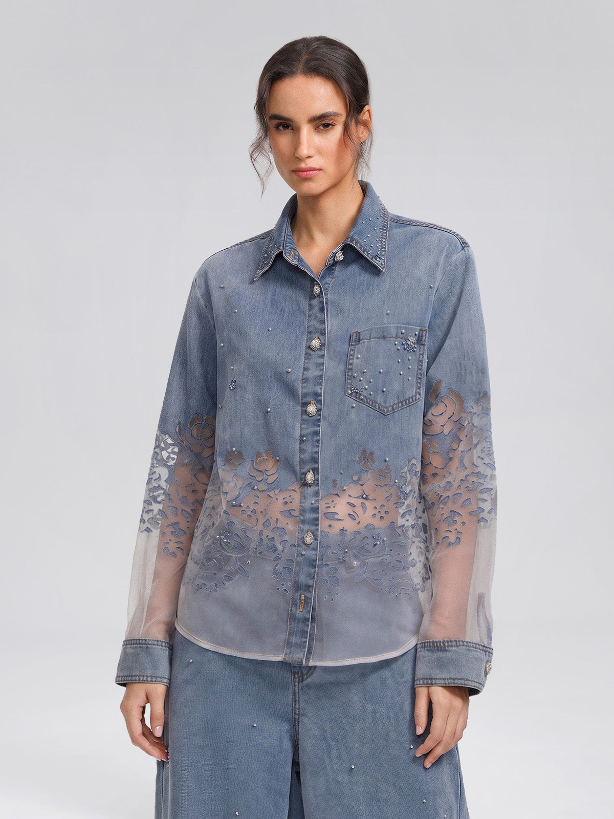 Denim Burnout Mesh Panel Rhinestone Loose Shirt