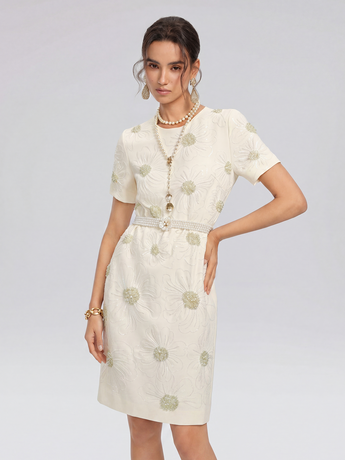 Floral Embroidery Hand-Beaded Dress (Belt Not Included)