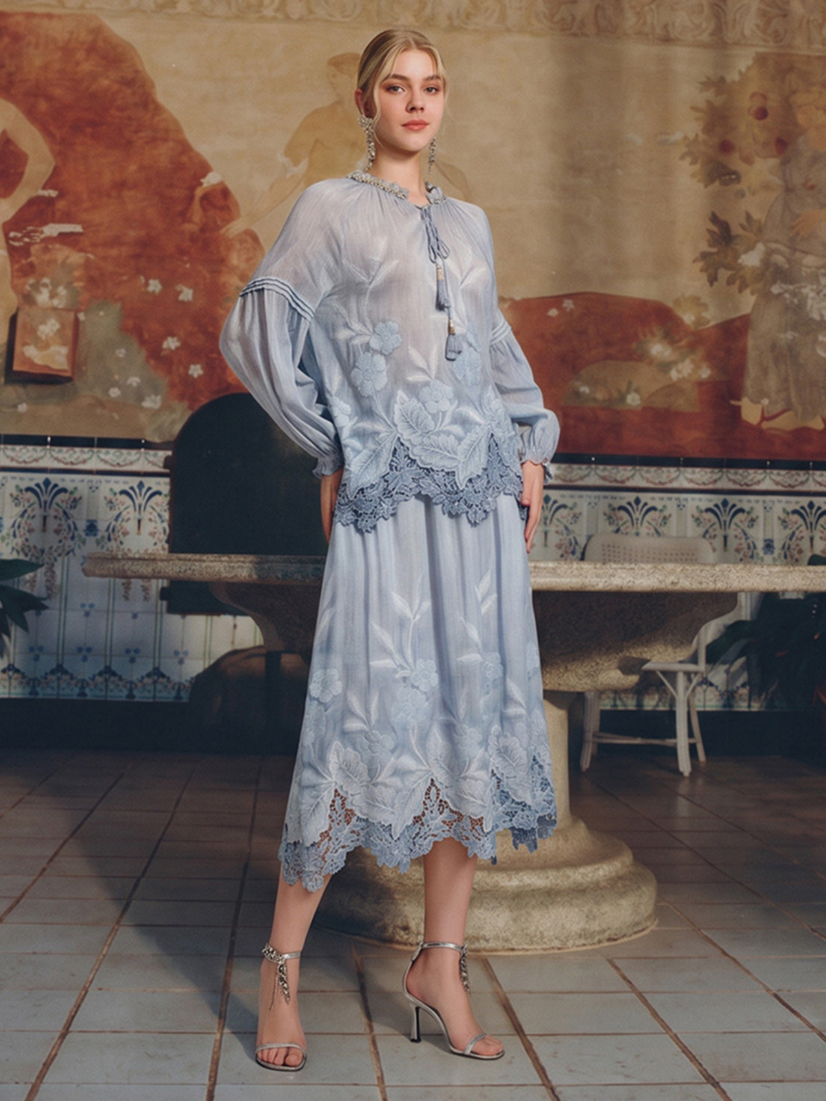 Silk Cotton Embroidered Lace Trim Panel Skirt