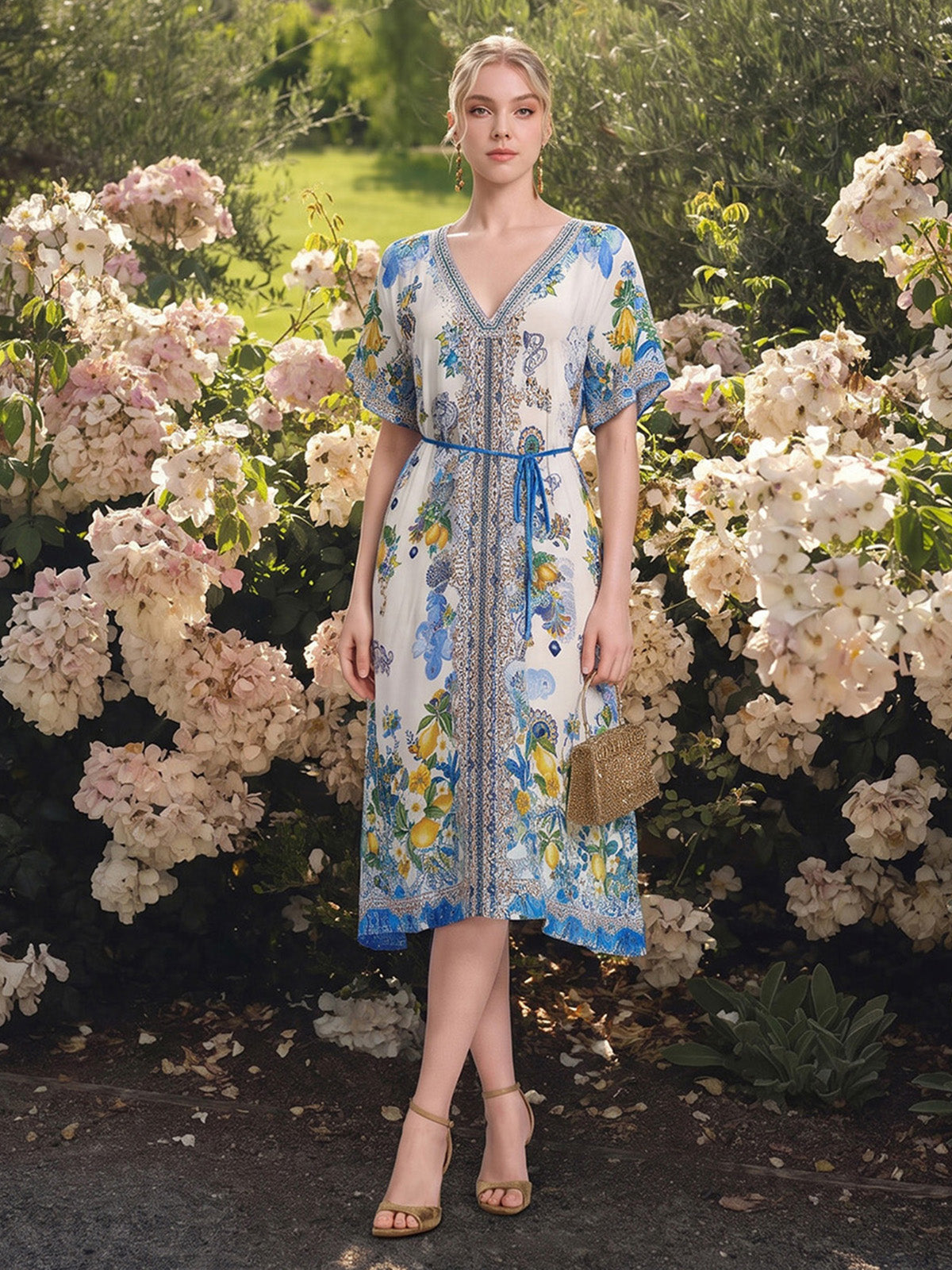 100% Silk Allover Print Rhinestone Dress (Waist Tie Included)
