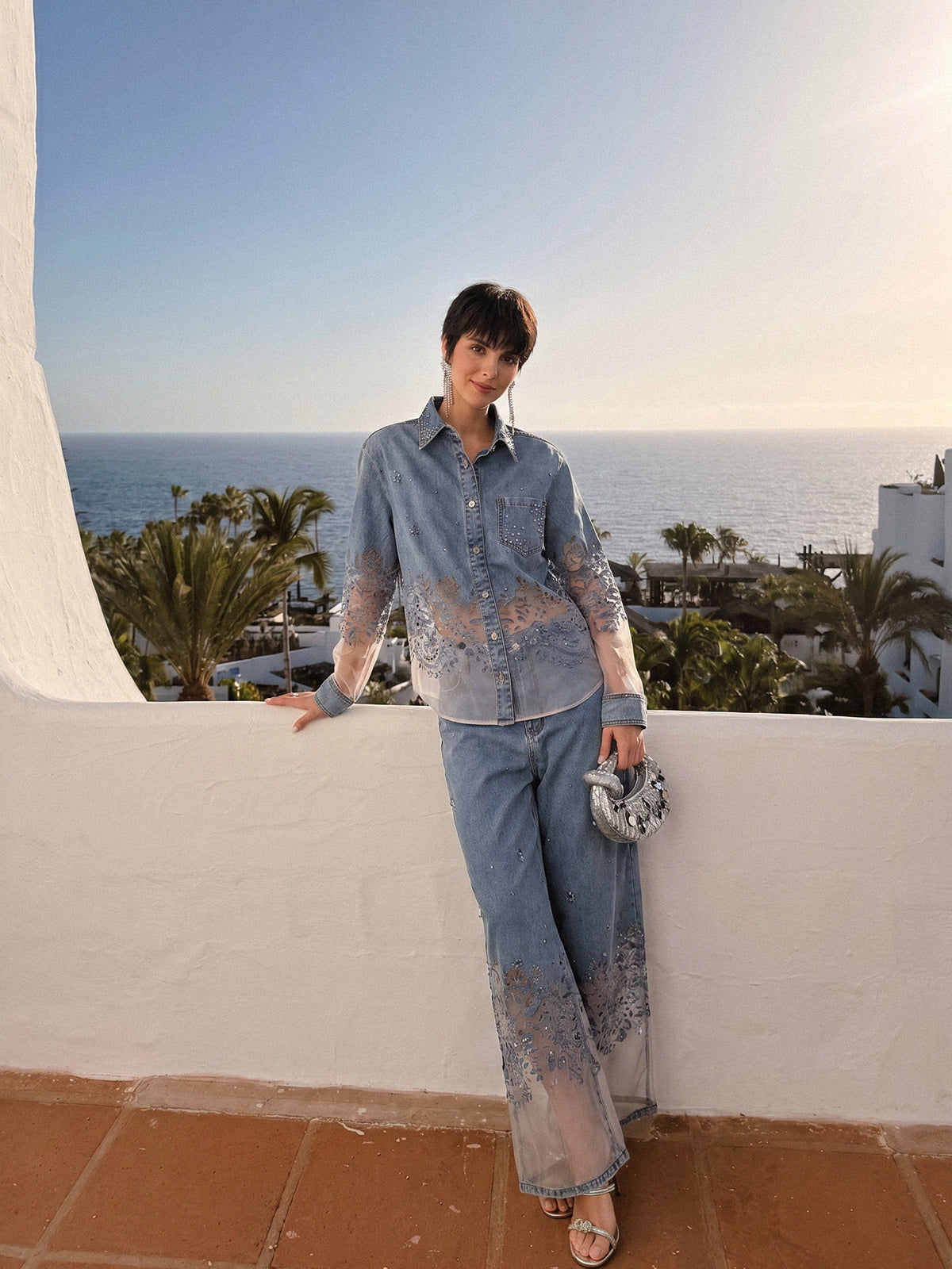 Denim Burnout Mesh Panel Rhinestone Loose Shirt