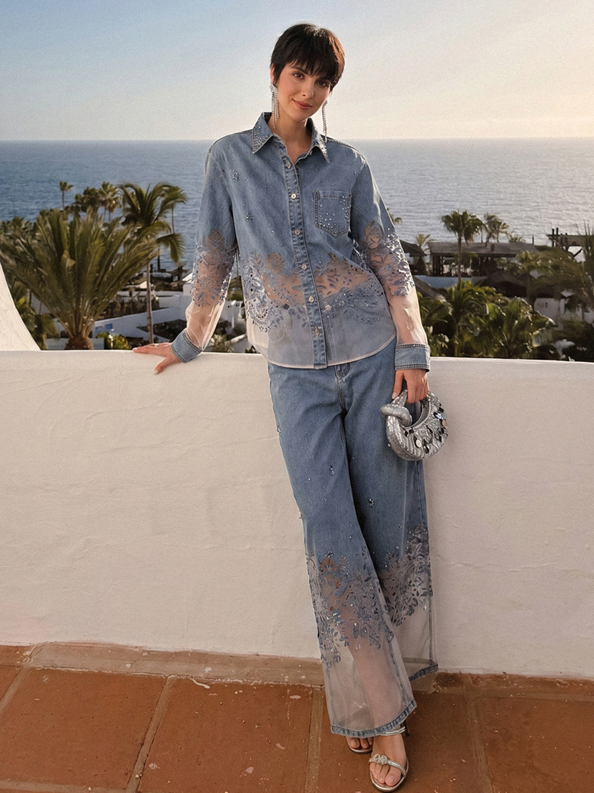 Denim Burnout Mesh Panel Rhinestone High-Waist Wide-Leg Pants