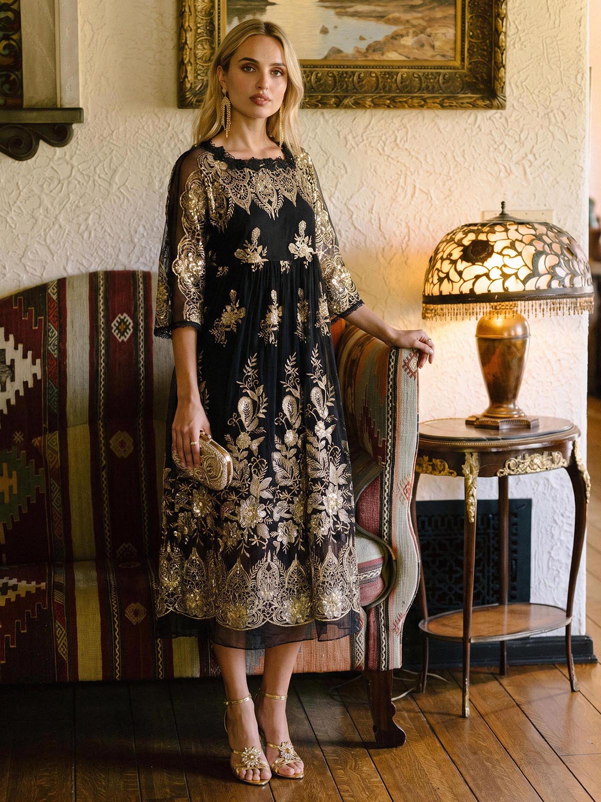 Silk Gold Sequin Floral Embroidery Dress