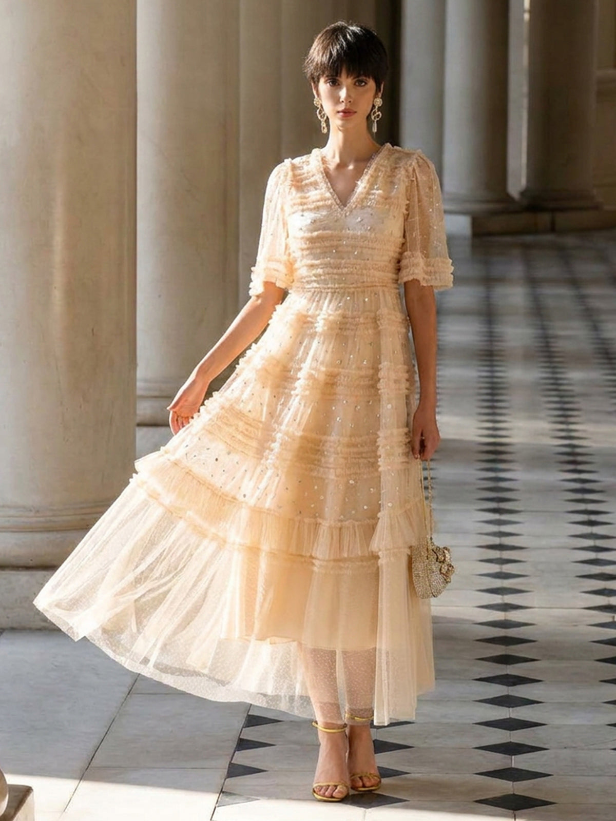 Sequin Embroidered Tulle Ruffled Maxi Dress