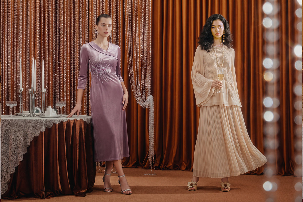 Models in velvet and pleated tulle dresses
