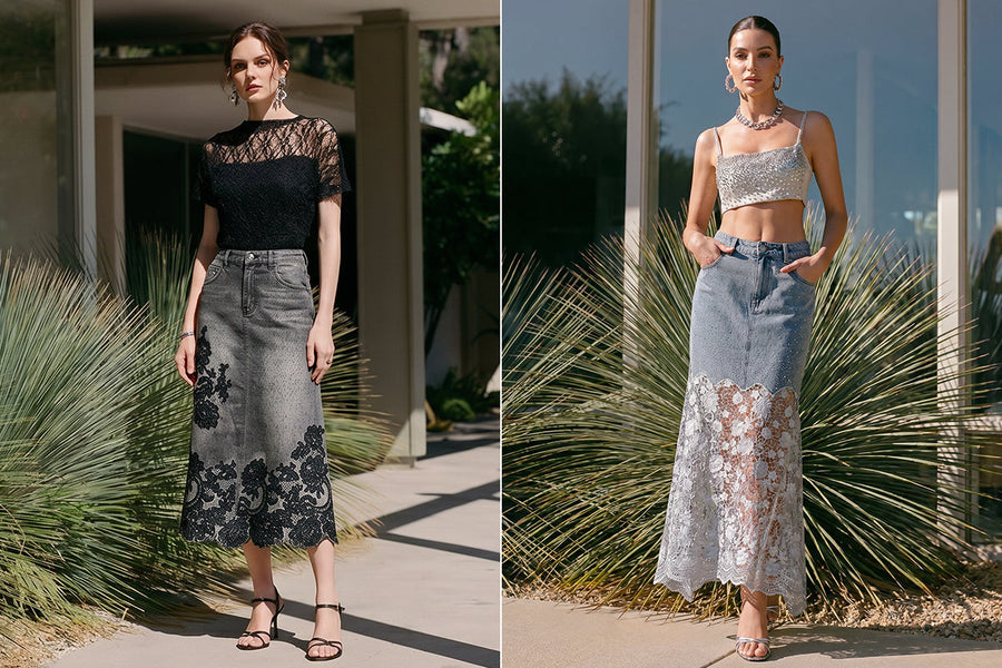 richradiqs lace patchwork denim midi skirt in outdoor summer styling scene